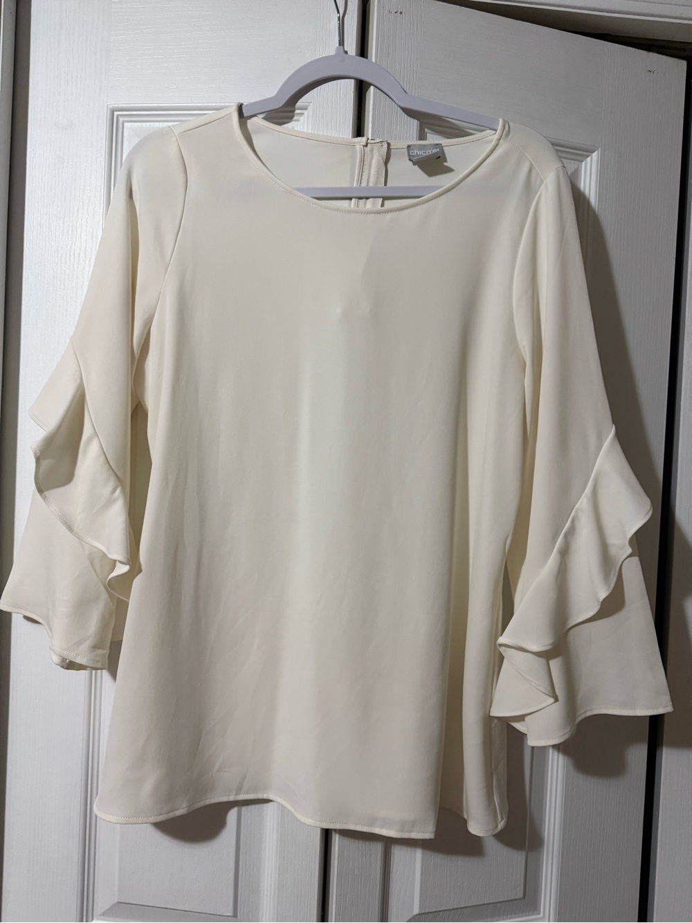 Chico's Cream Ruffle Sleeve Blouse with Metal back zip - 8/10